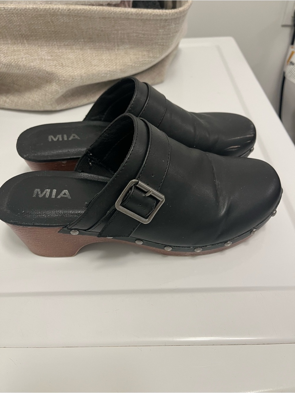 MIA Black Leather Clog Mules with Wood-Look Heel and Silver Buckle